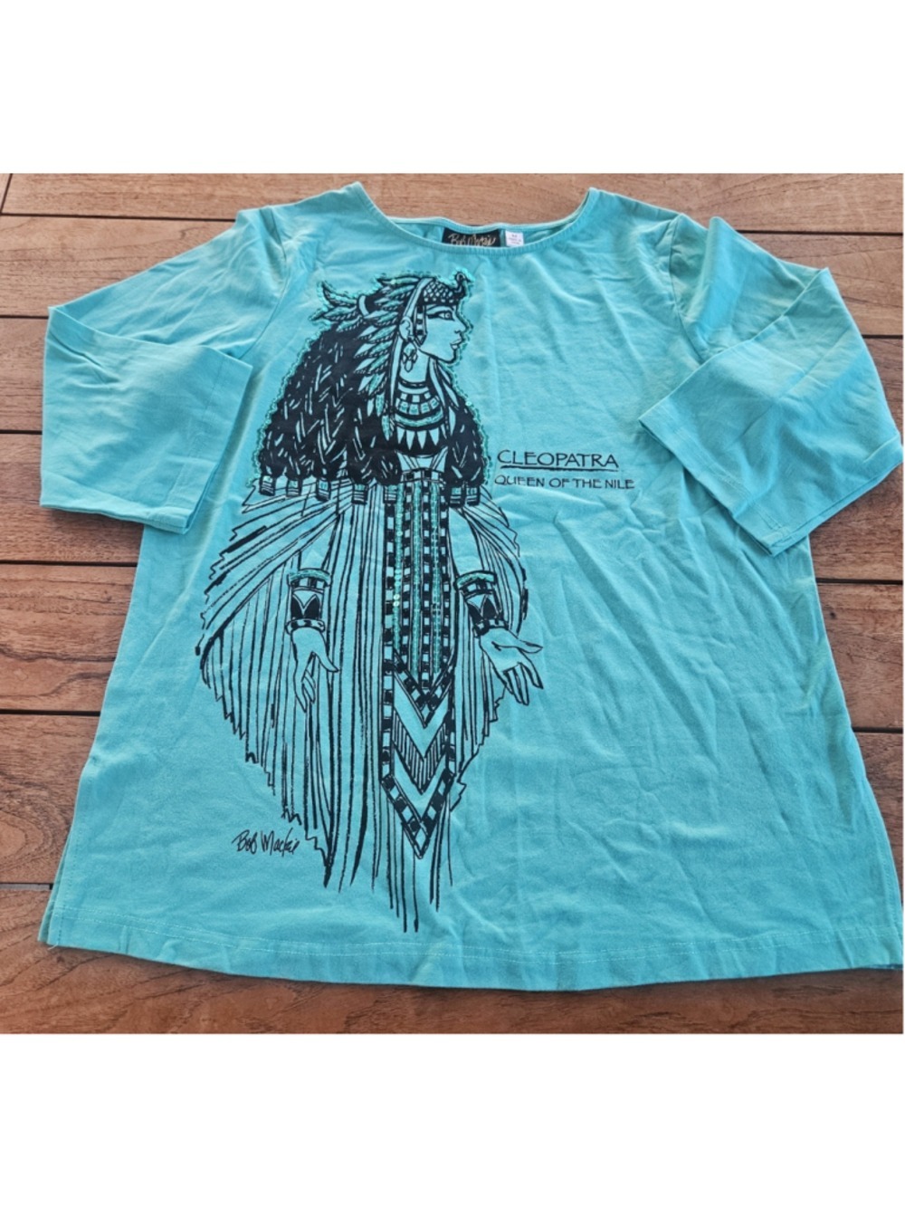 Vintage Bob Mackie Wearable Art Cleopatra Graphic Tee Top Teal Size M
